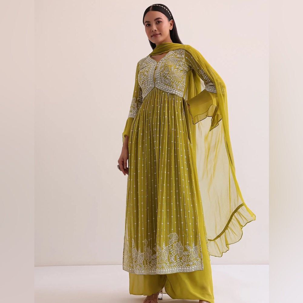 Indian Mehendi Green Embroidered Palazzo Set
